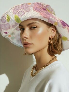 CHANEL White Bucket Hat with Pink and Green Floral Print